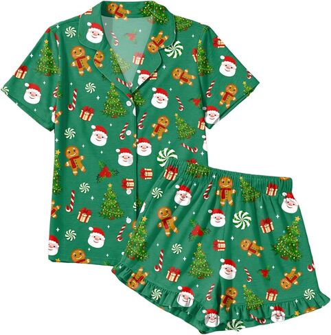 عيد الميلاد منامة مجموعات النساء عيد الميلاد زر أسفل PJS مجموعة الحرير عطلة Vneck ملابس خاصة سانتا قصيرة الأكمام مجموعة ملابس النوم in Kuwait
