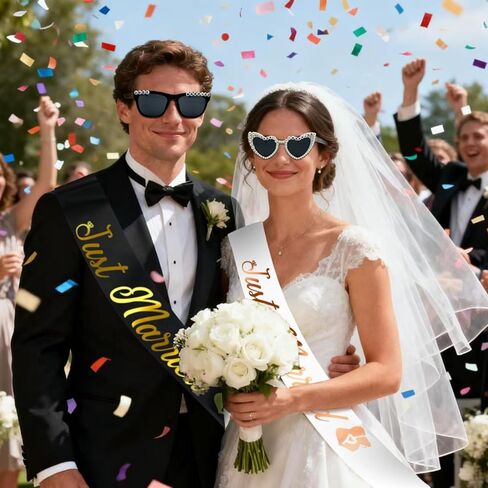 NIMOSA Just Married ديكورات نظارات العروس والعريس الشمسية ووشاح لحفلات الزفاف المتزوجين فقط، نظارات شمسية ووشاح لشهر العسل in Kuwait