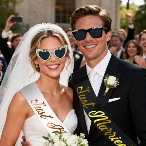 NIMOSA Just Married ديكورات نظارات العروس والعريس الشمسية ووشاح لحفلات الزفاف المتزوجين فقط، نظارات شمسية ووشاح لشهر العسل in Kuwait