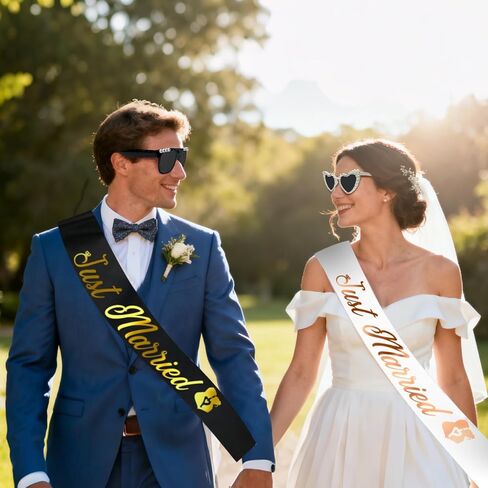 NIMOSA Just Married ديكورات نظارات العروس والعريس الشمسية ووشاح لحفلات الزفاف المتزوجين فقط، نظارات شمسية ووشاح لشهر العسل in Kuwait