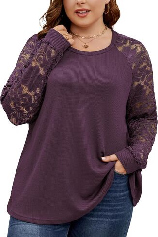 SCOMCHIC Plus Size Tops for Women Elegant Lace Long Sleeve Blouses Crew Neck Dressy Shirts Loose Casual Tunics Tops XL-4XL in Saudi Arabia