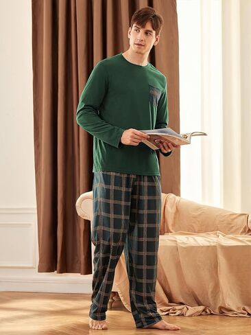Long Sleeve Men's Pajama Sets, Green Mens Pjs Sets with Plaid Pants, Soft Pijamas Para Hombres in Saudi Arabia