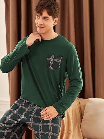 Long Sleeve Men's Pajama Sets, Green Mens Pjs Sets with Plaid Pants, Soft Pijamas Para Hombres in Saudi Arabia