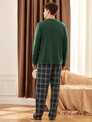 Long Sleeve Men's Pajama Sets, Green Mens Pjs Sets with Plaid Pants, Soft Pijamas Para Hombres in Saudi Arabia