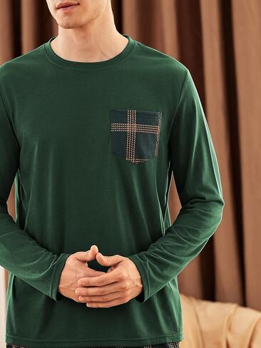 Long Sleeve Men's Pajama Sets, Green Mens Pjs Sets with Plaid Pants, Soft Pijamas Para Hombres in Saudi Arabia