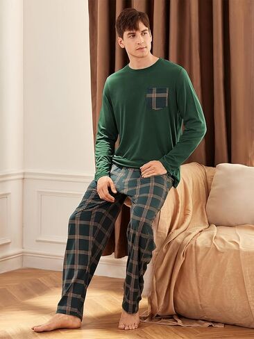 Long Sleeve Men's Pajama Sets, Green Mens Pjs Sets with Plaid Pants, Soft Pijamas Para Hombres in Saudi Arabia