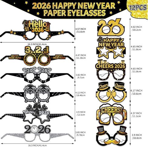 12 قطعة من نظارات ليلة رأس السنة 2026، لوازم حفلات ليلة رأس السنة 2026، نظارات سنة جديدة سعيدة 2026، ديكورات سنة جديدة سعيدة 2026، ديكورات ليلة رأس السنة الجديدة in Kuwait