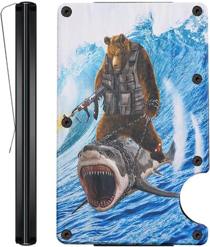 محفظة Funny Bear Riding Shark للرجال - محفظة معدنية تكتيكية مع طباعة للأشعة فوق البنفسجية - مشبك نقود محفور مخصص - حامل بطاقة بسيط يحجب RFID - هدية مبتكرة رائعة له in Kuwait