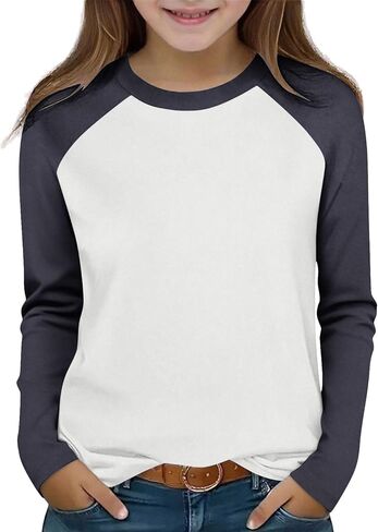 تي شيرتات عصرية للفتيات تي شيرت كاجوال بأكمام طويلة وياقة دائرية وكتلة ملونة بلوزات ناعمة لطيفة للخريف من 5 إلى 14 سنة in Kuwait