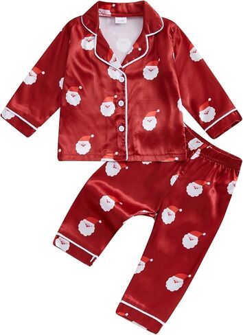 Springcmy Toddler Baby Girl Christmas Pajama Sets Button Down Lapel Silk Shirt Elastic Pants 2Pcs Xmas Sleepwear Loungewear in Saudi Arabia