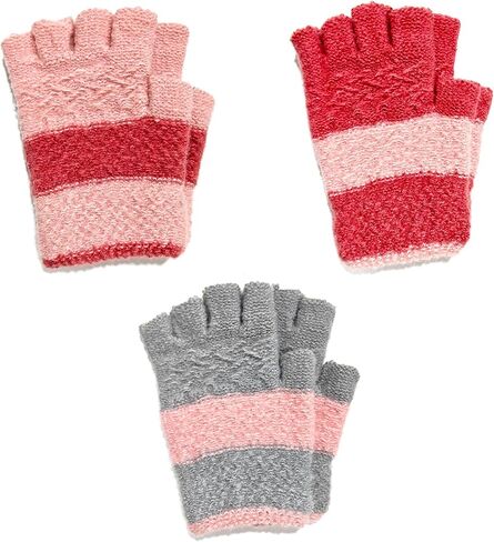 AIMI 3 Pairs Kids Fingerless Knit Fall Winter Warm Mittens Gloves Red Pink 3 Colors for Girls Half Finger Gloves in Saudi Arabia