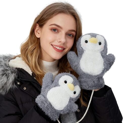 Holiberty Winter Cute Animal Plush Gloves Thermal Fleece Lined Hand Warmer Bear Penguin Mittens Cold Weather Cartoon Gloves in Saudi Arabia
