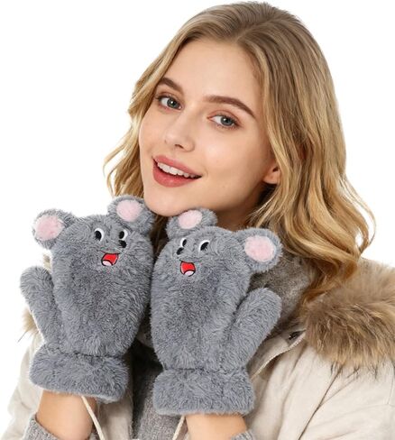 Holiberty Winter Cute Animal Plush Gloves Thermal Fleece Lined Hand Warmer Bear Penguin Mittens Cold Weather Cartoon Gloves in Saudi Arabia