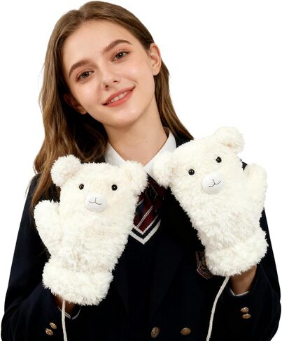 Holiberty Winter Cute Animal Plush Gloves Thermal Fleece Lined Hand Warmer Bear Penguin Mittens Cold Weather Cartoon Gloves in Saudi Arabia