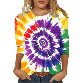 Tie Dye Shirts for Women 3/4 Sleeve Shirts Cute Print Graphic Tees Plus Size Basic Summer Casual Rainbow Tshirts Tops in Saudi Arabia