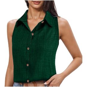 قميص حريمي بدون أكمام بأزرار سفلية وياقة من القطن والكتان، بلوزة كاجوال فضفاضة تناسب الصيف والربيع، سترة علوية للعمل in Kuwait