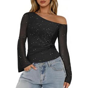 Aupuls Sparkly Tops for Women Bell Sleeve Off Shoulder Top Sequin Concert Outfits in Kuwait