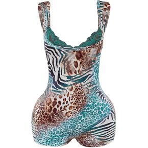 WDIRARA Women's Leopard Sleeveless Bodycon Romper Lace Trim Shorts Jumpsuits Unitards in Saudi Arabia