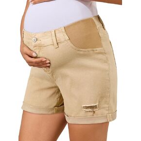 BLENCOT Maternity Jean Shorts for Women Under Belly Pregnancy Trendy Ripped Casual Summer Fold Hem Stretchy Shorts Denim in Kuwait