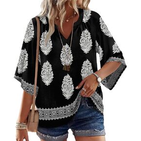 WIHOLL Boho Cute Summer Tops for Women 3/4 Sleeve Dressy Fashion V Neck Casual 2026 Business Beach Plus Size Holiday Blouses in Kuwait