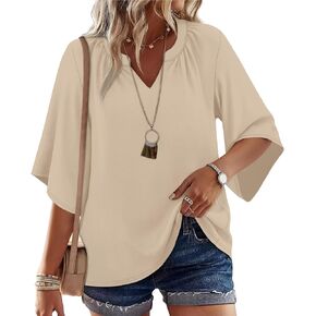 WIHOLL Boho Cute Summer Tops for Women 3/4 Sleeve Dressy Fashion V Neck Casual 2026 Business Beach Plus Size Holiday Blouses in Kuwait