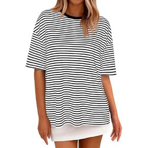 PRETTYGARDEN Women Short Sleeve Crewneck Ribbed Knit Oversized Tshirts 2026 Striped Summer Tops Basic Tee Casual Outfits in Saudi Arabia