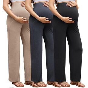 3 قطع من سراويل الأمومة النسائية فوق البطن سراويل الحمل القابلة للتمدد فضفاضة واسعة الساق سراويل العمل مع جيوب in Kuwait