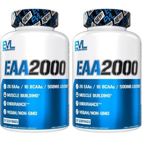 Evlution Nutrition EAA2000 - Pre & Post Workout Capsules - Muscle Building + Recovery Supplement - 2g Essential Amino Acids + 1g BCAAs - Endurance + Energy Support - 30 Servings in Kuwait