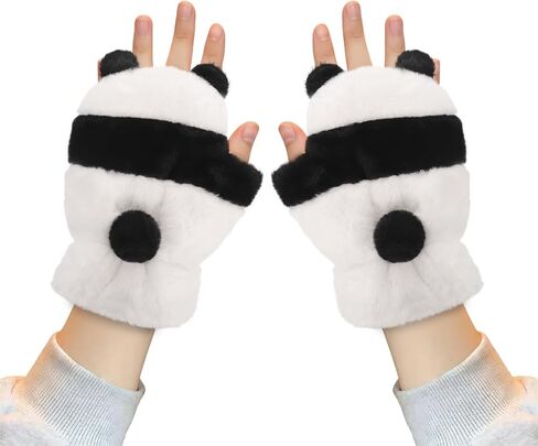 Winter Panda Gloves for Kids 8-12 Years Boys Girls Funny Cute Warm Fingerless Panda Mittens Thermal Soft Plush Gloves in Kuwait