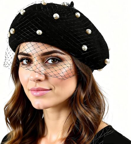 French Pearl Beret with Veil Women's Sweet Artist Painter Beanie Cap Autumn Winter Warm Solid Color Vintage Party Cap in Saudi Arabia