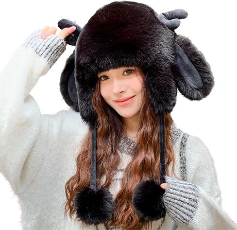 Faux Fur Winter Trapper Hat Animal Deer Horns Earflap Pompom Hat Gift Women Fuzzy Xmas Halloween Costume Snow Ski Cap in Saudi Arabia