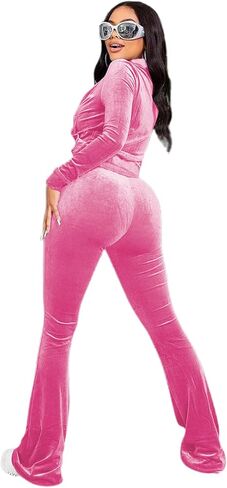 Womens 2 Piece Solid Velour Tracksuits Two Piece Velvet Lounge Outfits for Women, Long Sleeve Tops Sweatsuits Casual Zip-Up Jacket Workout Pants Matching Set with Pockets, Sports Jogging Sets Black XS in Saudi Arabia