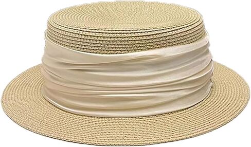 Straw Boater Summer Sun Hat - Wide Brim Fedora Panama Beach Hats Casual Vintage Packable for Women with Satin Tie in Saudi Arabia