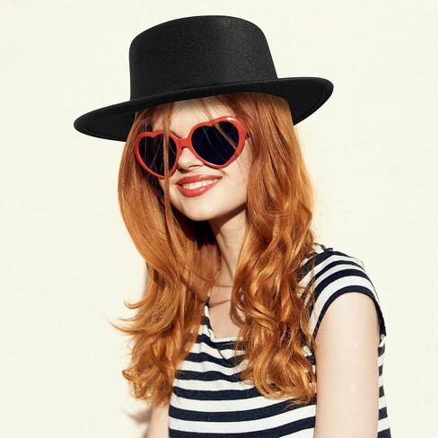 Fashion Classic Black Fedora Hats + Red Heart Sunglasses Costume Outfit - Flat Wide Brim Church Cap Jazz Hat in Saudi Arabia