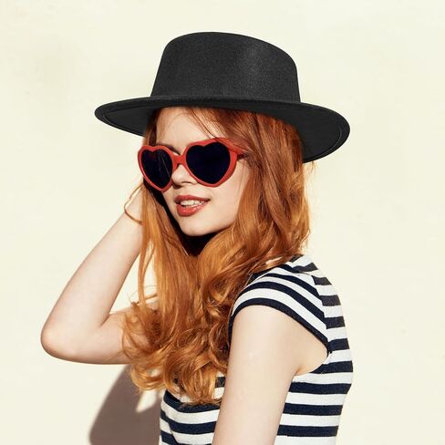 Fashion Classic Black Fedora Hats + Red Heart Sunglasses Costume Outfit - Flat Wide Brim Church Cap Jazz Hat in Saudi Arabia