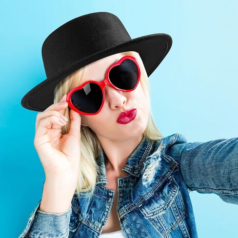 Fashion Classic Black Fedora Hats + Red Heart Sunglasses Costume Outfit - Flat Wide Brim Church Cap Jazz Hat in Saudi Arabia