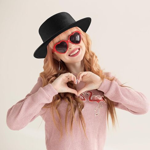 Fashion Classic Black Fedora Hats + Red Heart Sunglasses Costume Outfit - Flat Wide Brim Church Cap Jazz Hat in Saudi Arabia