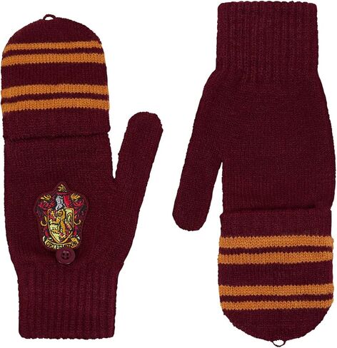 Harry Potter Gryffindor Knitted Fingerless Gloves with Convertible Mitten Cover - Burgundy & Yellow Striped Design with House Crest - Winter Wear for Fans & Collectors - Adults and Teens in Kuwait