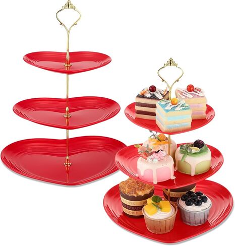 Layhit 2 Pack Valentine's Day 3 Tier Cupcake Stand Heart Shaped 3 Tiered Serving Trays for Party Plastic 3 Tiered Tray Stand Dessert Cupcake Stand for Tea Party Baby Shower Wedding (Red) in Kuwait