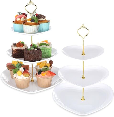 Layhit 2 Pack Valentine's Day 3 Tier Cupcake Stand Heart Shaped 3 Tiered Serving Trays for Party Plastic 3 Tiered Tray Stand Dessert Cupcake Stand for Tea Party Baby Shower Wedding (Red) in Kuwait