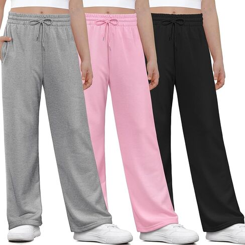 3 Pack Girls Sweatpants Athletic Wide Leg Drawstring Joggers Pants Girls Kids Sweatpants Open Bottom Pants in Saudi Arabia