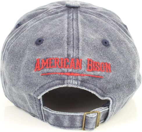 قبعة American Bison Denim ذات شريط خلفي - قبعة بيسبول قطنية مغسولة مع شعار البيسون المطرز، وإبزيم خلفي قابل للتعديل in Kuwait