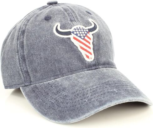 قبعة American Bison Denim ذات شريط خلفي - قبعة بيسبول قطنية مغسولة مع شعار البيسون المطرز، وإبزيم خلفي قابل للتعديل in Kuwait
