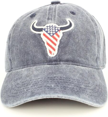 قبعة American Bison Denim ذات شريط خلفي - قبعة بيسبول قطنية مغسولة مع شعار البيسون المطرز، وإبزيم خلفي قابل للتعديل in Kuwait