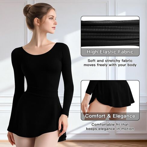 WYHDY 2Pcs Women Ballet leotard with Pull on Skirt,Round Neck Long Sleeve in Saudi Arabia