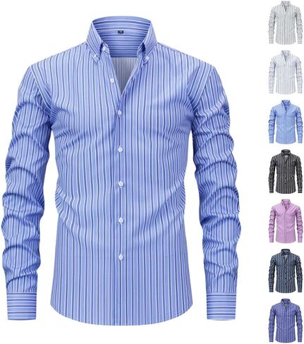 Mens Dress Shirts Long Sleeve Pin Stripe Button Down Collar Tucked in Blouse Work Office Shirts Fall Spring Clothes in Saudi Arabia