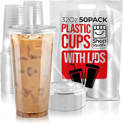 (100 Sets) 32 oz Cups with Lids and Straws, Clear Plastic Cups with Lids and Straws, Disposable Drinking Cups for Cold Drinks, Iced Coffee, Milk Shakes, Smoothies, Bubble Boba Tea in Kuwait