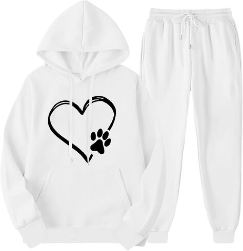 طقم عداء ببطء للسيدات من Dog Mom Dog Paws Jogger مكون من قطعتين بقلنسوة وسراويل رياضية لطيفة على شكل قلب مالك ملابس لمحبي القطط أزياء علوية in Kuwait