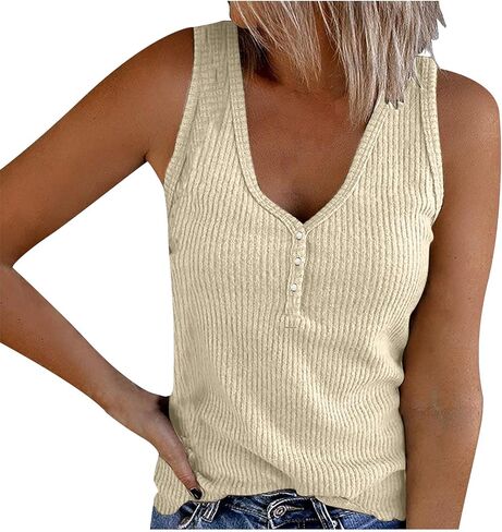 Womens Rib Knit Tank Tops V Neck Henley Tops Sleeveless Scoop Neck Shirts Casual Athletic Tshirts Tees in Saudi Arabia