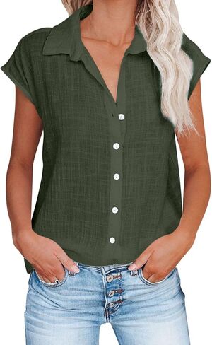 Women Cotton Linen Button Down Tops Casual Short Sleeve Shirt Blouse Collar Blouse Casual Loose Fit Tunic Tshirts in Saudi Arabia